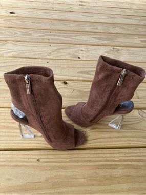 Cape Robbin Brown Suede Peep-Toe Ankle Boots with Clear Geometric Heel